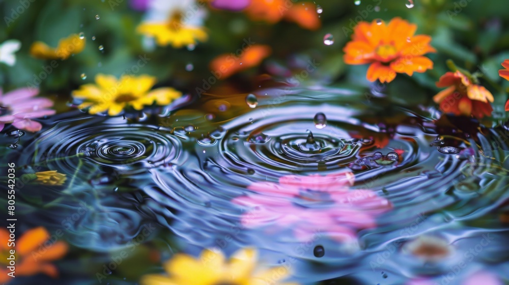 Aufkleber A dynamic shot capturing raindrops falling on colorful wildflowers, creating a mesmerizing pattern of ripples on the surface.