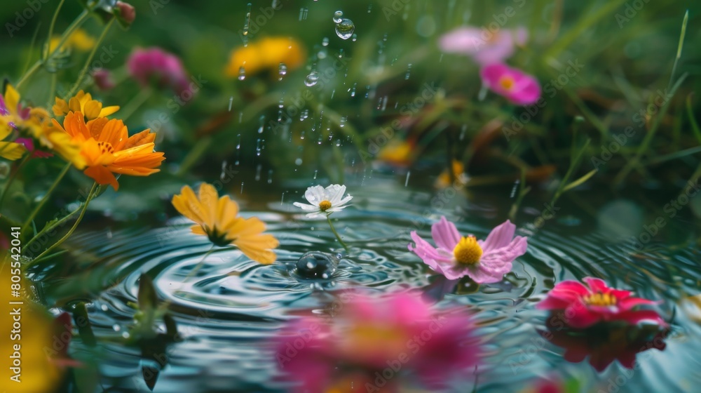 Aufkleber A dynamic shot capturing raindrops falling on colorful wildflowers, creating a mesmerizing pattern of ripples on the surface.