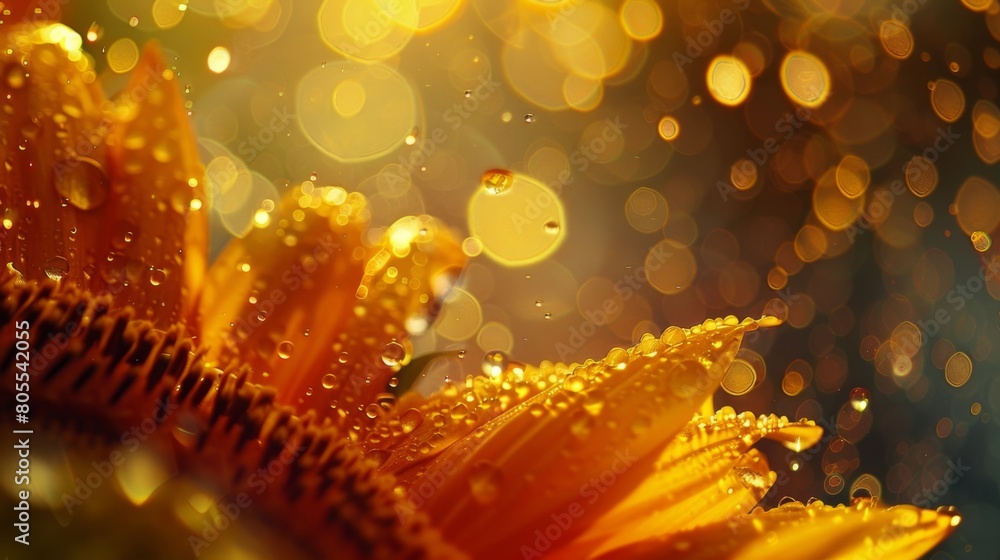 Poster a dynamic shot capturing raindrops falling on the vibrant petals of a sunflower, creating a mesmeriz