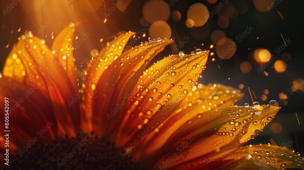 Poster a dynamic shot capturing raindrops falling on the vibrant petals of a sunflower, creating a mesmeriz