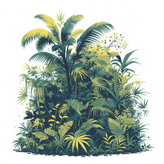 Elevate your project with this lush jungle concept art showcasing a vibrant mix of tropical plants, foliage, and flowers. Discover the serene beauty that blooms within the depths of nature's haven.