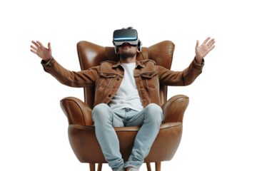 Caucasian male wearing virtual reality headset and sitting on chair on isolated transparent background