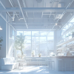 Modern Cafeteria Interior with Sunlit Windows and Minimalist Bar Design