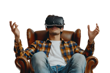 Caucasian male wearing virtual reality headset and sitting on chair on isolated transparent background