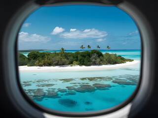 Fototapeta premium Vista de una isla tropical desde la ventana del avión