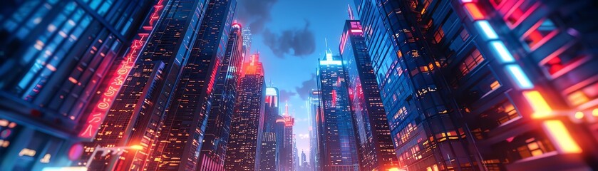 Obraz premium Create a digital painting of a futuristic city. The city is full of skyscrapers and neon lights. The sky is dark and cloudy. The painting is in a cyberpunk style.