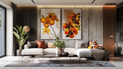 Frame poster mockup on living room wall. Background of luxury apartment with contemporary design.