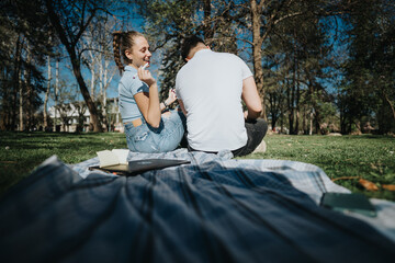 Two high school students sit on the grass in a park, surrounded by books and notebooks, studying...