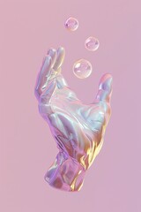 A surreal, digital rendering of a metallic hand reaching up with shiny bubbles floating around, against a pink background