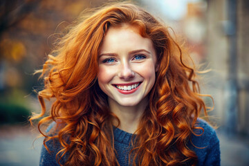 Fototapeta premium Elegant woman with shiny red hair in an autumn setting, face hidden, radiates mystery and natur. Vivid redhead with lustrous curls, face veiled, amidst fall foliage, radiating enigma
