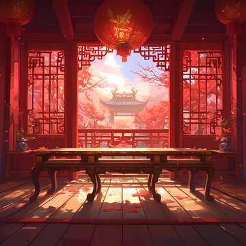 An inviting empty traditional Chinese courtyard with open-work windows and a wooden table, bathed in warm light under the setting sun. Perfect for evoking tranquility and cultural charm.