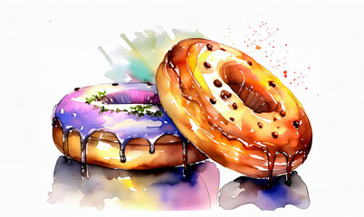 Vibrant watercolor illustration of two stacked doughnuts with colorful icing and sprinkles, reflecting an artistic and appetizing appeal