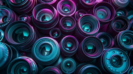 photography camera lenses pattern, collection of video and photo equipment set, technology background