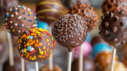 A bunch of chocolate covered doughnuts with sprinkles on top. The doughnuts are arranged in a row and are all different colors - Powered by Adobe