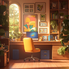 Vibrant Workspace in Sunlit Room, Perfect for Creative Inspiration and Productivity