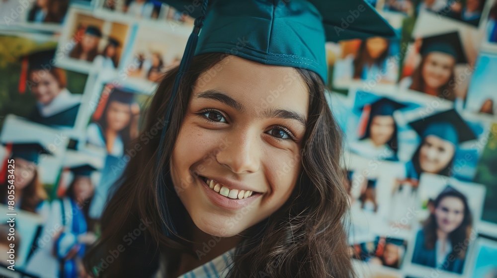 Wall mural A girl wearing a graduation cap and smiling. The photo is a collage of pictures of graduates