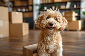 A cute dog sits near cardboard boxes. Moving to a new home, packing and unpacking boxes, moving, renovation, relocation and delivery service concept