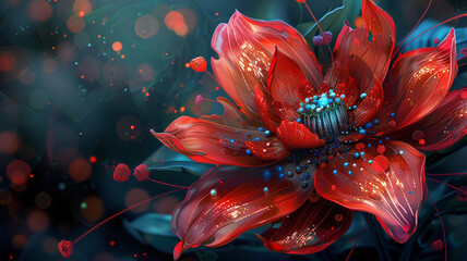 A Dark Red Flower, Colorful Beautiful Robot Woamn Style, Illustration, Abstract Anime, Pixel Art.