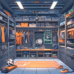 Vibrant Locker Room with a Variety of Sports Equipment