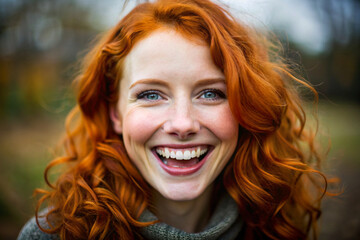 Fototapeta premium Elegant woman with shiny red hair in an autumn setting, face hidden, radiates mystery and natur. Vivid redhead with lustrous curls, face veiled, amidst fall foliage, radiating enigma
