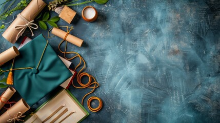 A blue background with a green graduation cap and a green ribbon