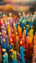 Fototapeta premium Many colorful candles are lit in a row.
