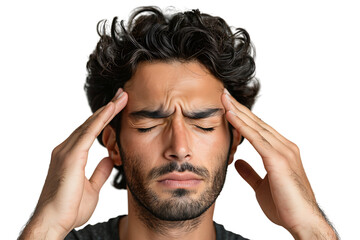 Man suffering from headache, pressing fingers to temples with closed eyes on isolated transparent background