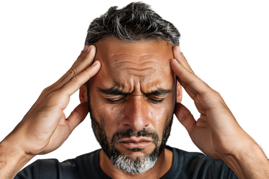Man suffering from headache, pressing fingers to temples with closed eyes on isolated transparent background