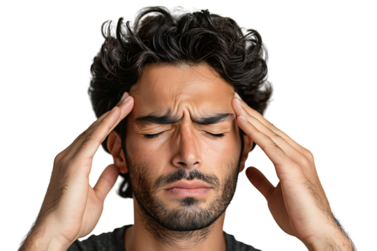 Man suffering from headache, pressing fingers to temples with closed eyes on isolated transparent background