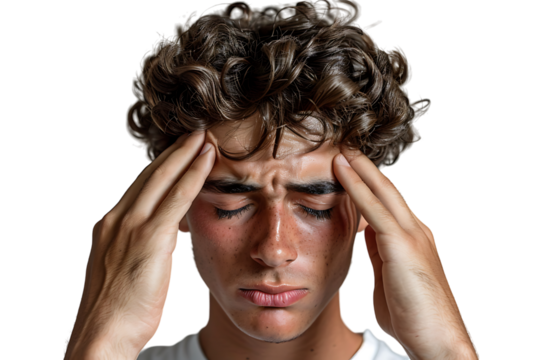 Man suffering from headache, pressing fingers to temples with closed eyes on isolated transparent background