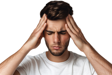 Man suffering from headache, pressing fingers to temples with closed eyes on isolated transparent background