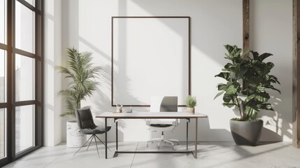 mock up poster frame in modern interior background, interior space, home office, Contemporary style, 3D.