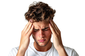 Man suffering from headache, pressing fingers to temples with closed eyes on isolated transparent background