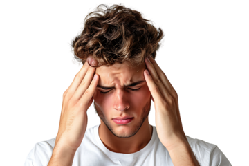 Man suffering from headache, pressing fingers to temples with closed eyes on isolated transparent background
