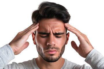 Man suffering from headache, pressing fingers to temples with closed eyes on isolated transparent background