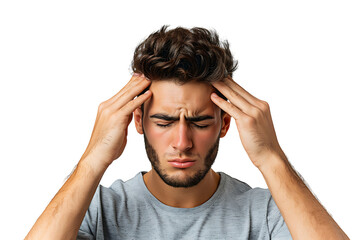 Fototapeta premium Man suffering from headache, pressing fingers to temples with closed eyes on isolated transparent background