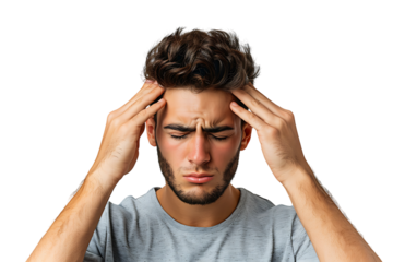 Man suffering from headache, pressing fingers to temples with closed eyes on isolated transparent background