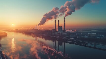 Reducing greenhouse gas emissions is a critical concer, Factory smoke pollutes morning sky over industrial landscape, Ai generate
