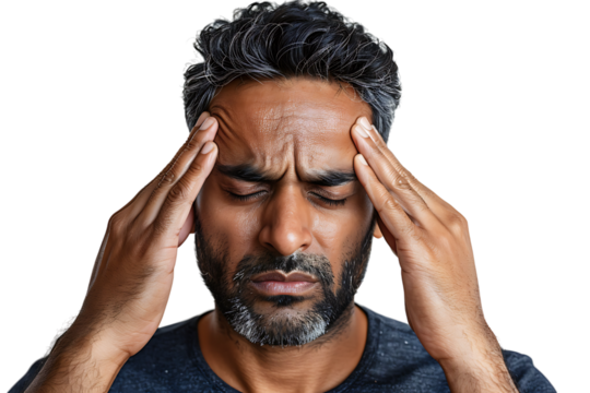 Man suffering from headache, pressing fingers to temples with closed eyes on isolated transparent background