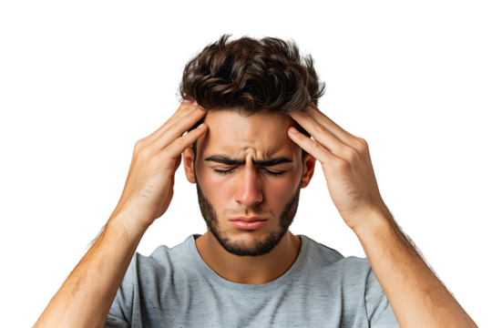 Man suffering from headache, pressing fingers to temples with closed eyes on isolated transparent background