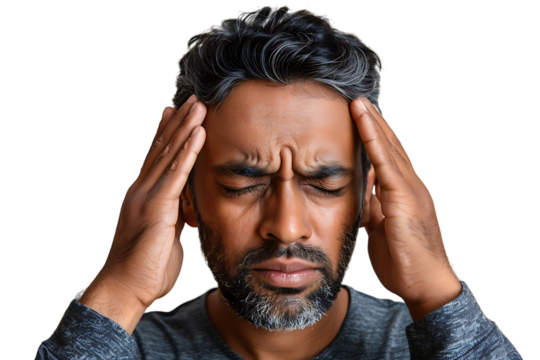 Man suffering from headache, pressing fingers to temples with closed eyes on isolated transparent background