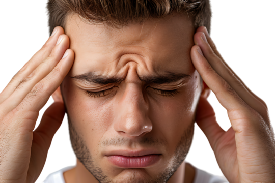 Man suffering from headache, pressing fingers to temples with closed eyes on isolated transparent background