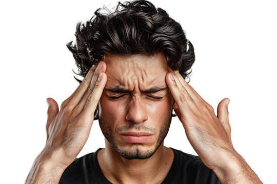 Man suffering from headache, pressing fingers to temples with closed eyes on isolated transparent background