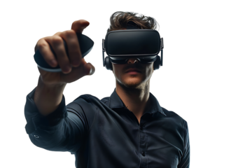 Man wearing virtual reality headset and playing game on isolated transparent background