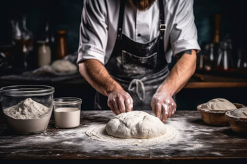 Passionate baker kneading dough on flour-dusted countertop close-up shot stock photo