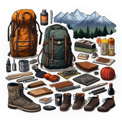 Design a sticker showcasing various hiking essentials, from boots and backpacks to trail maps and water bottles.