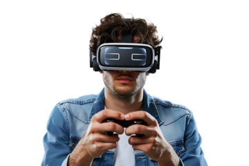 Man wearing virtual reality headset and playing game on isolated transparent background