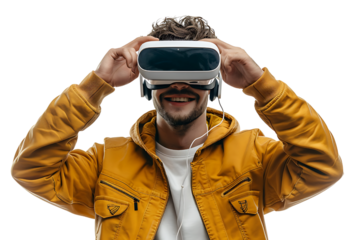 Man wearing virtual reality headset and playing game on isolated transparent background