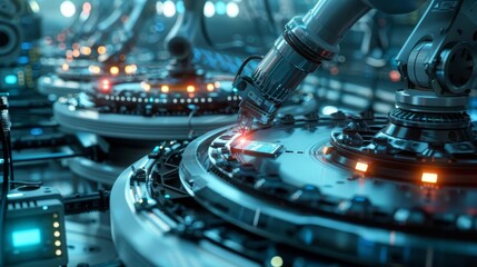 Depict a nanomanufacturing facility where nanobots assemble electronic components, emphasizing their efficiency and precision