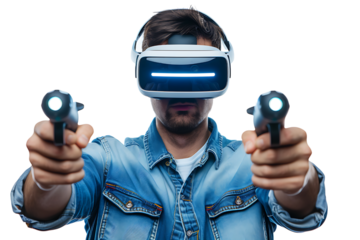 Man wearing virtual reality headset and playing game on isolated transparent background